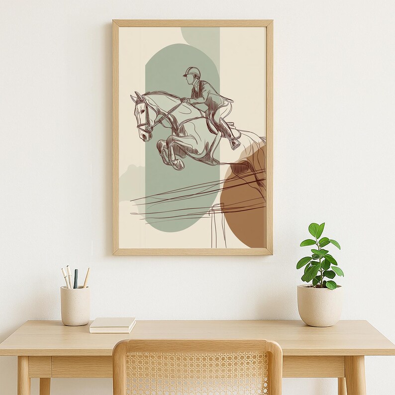 Equestrian Horse Jumping Line Art Print – Minimalist Modern Rider Wall ...