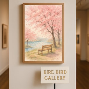 May include: A framed watercolor painting of a park scene with cherry blossom trees in full bloom. A wooden bench sits near a lake. The painting is displayed in a gallery setting, with a sign that reads "BIRE BIRD GALLERY".