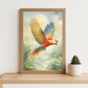 Scalet Macaw Watercolor Art Print - Colorful Parrot Wall Decor, Tropical Jungle Bird Painting, Exotic Wildlife Illustration for Nature Lover
