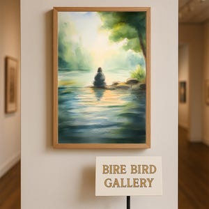 May include: A framed watercolor painting depicting a serene scene of a person meditating by a lake. The artwork features soft blues, greens, and yellows, with a wooden frame. The sign below reads "BIRE BIRD GALLERY."