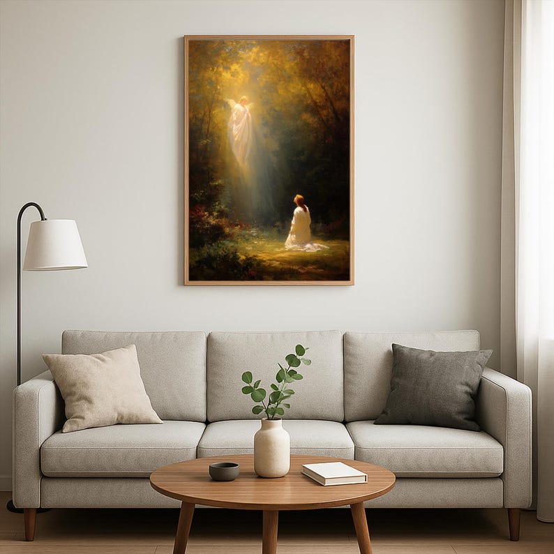 May include: A framed art print depicting a spiritual scene. A figure in white kneels in a sunlit forest, facing a luminous angel. The artwork is displayed above a light gray sofa with decorative pillows and a wooden coffee table.