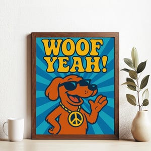Groovy Retro Dog Poster - "Woof Yeah!" Funky Peace Sign Art Print, 70s Cartoon Wall Decor