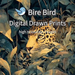 May include: Digital art print featuring a jaguar's face amidst lush foliage. The artwork has a warm color palette with shades of green, yellow, and brown. The text "Bire Bird Digital Drawn Prints high resolution images" is displayed.