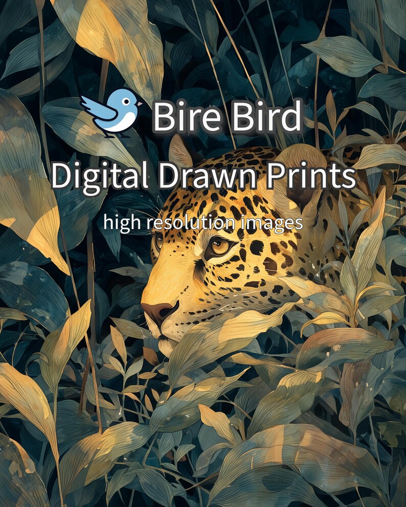 May include: Digital art print featuring a jaguar's face amidst lush foliage. The artwork has a warm color palette with shades of green, yellow, and brown. The text "Bire Bird Digital Drawn Prints high resolution images" is displayed.