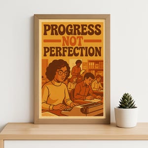 Póster retro de oficina "Progreso, no perfección": arte mural motivacional de los años 70, ilustración vintage para el lugar de trabajo, decoración para la productividad.
