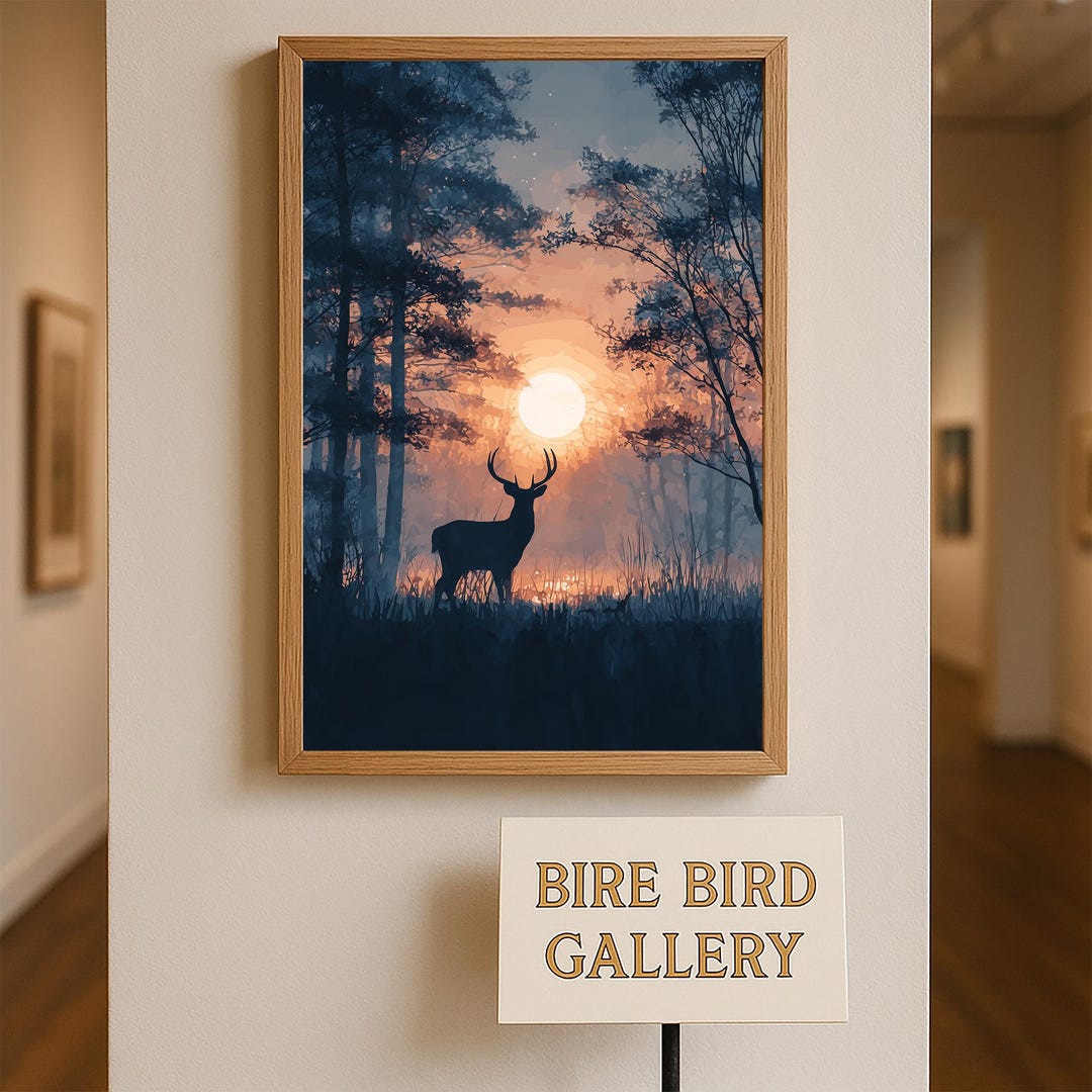 Deer Silhouette at Sunset in Misty Forest – Serene Nature Wall Art ...
