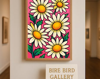 Retro Daisy Flower Wall Art - Bold Pop Art Style Pink Floral Print, Vibrant Colorful Botanical Illustration for Digital Download Poster