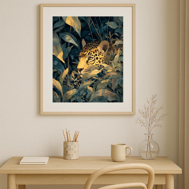 May include: Framed art print featuring a watercolor illustration of a jaguar's head peeking through lush green and yellow foliage. The artwork has a natural, jungle theme, with a light wooden frame.