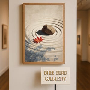 Puede incluir: Impresión artística enmarcada que representa un jardín zen. Una hoja de arce roja descansa cerca de una roca marrón en un patrón de arena. La obra de arte se exhibe en una pared de la galería. El letrero de la galería dice "BIRE BIRD GALLERY."