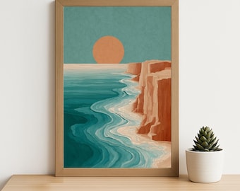 Puede incluir: Lámina artística enmarcada que representa un paisaje costero. La obra presenta un gran sol naranja que se pone sobre un océano turquesa con olas blancas. Los acantilados son de color marrón rojizo y el marco es de madera clara.
