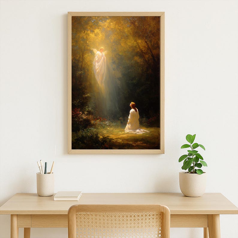 May include: A framed art print depicts a spiritual scene. A figure in white kneels in a sunlit forest, facing a radiant, angelic form. The artwork features warm, golden hues and a sense of serenity, suitable for home decor.