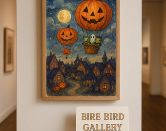 May include: A framed Halloween artwork shows jack-o'-lantern hot air balloons over a town at night. The image includes a full moon, stars, and a basket with costumed figures. The artwork is displayed in a gallery.