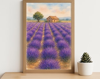 Lavender Field Watercolor Print - Provence Countryside Landscape Art with Farmhouse, Purple Floral Wall Decor for Nature and Travel Lovers