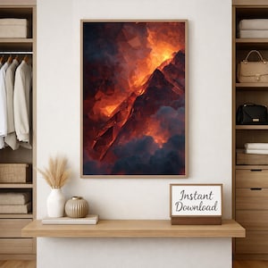 May include: Abstract art print of a mountain range in shades of red, orange, and dark blue. The artwork is framed in a light brown wooden frame. The text "Instant Download" is displayed on a small sign.