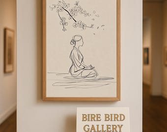 Japanese Sakura Line Art Woman Meditating – Minimalist Zen Digital Wall Art, Mindfulness Printable Poster, Asian Style Yoga Room Decor
