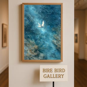 Könnte beinhalten: Ein gerahmtes Kunstwerk zeigt eine weiße Taube auf einer blauen Wasseroberfläche. Das Gemälde befindet sich in einem Holzrahmen und hängt an einer beigen Wand. Das Schild darunter lautet "BIRE BIRD GALLERY".