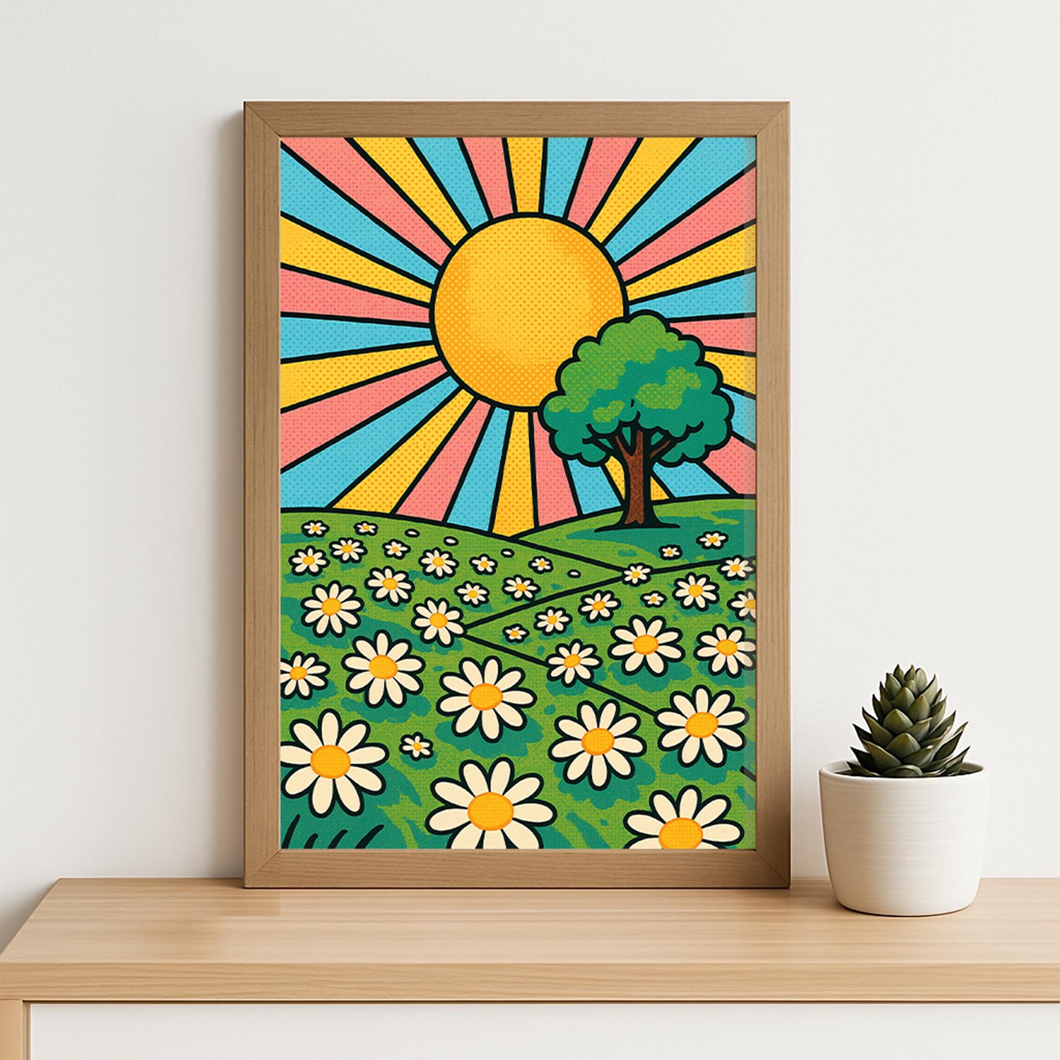 Retro Sunshine Daisy Field Wall Art – Groovy Pop Art Landscape