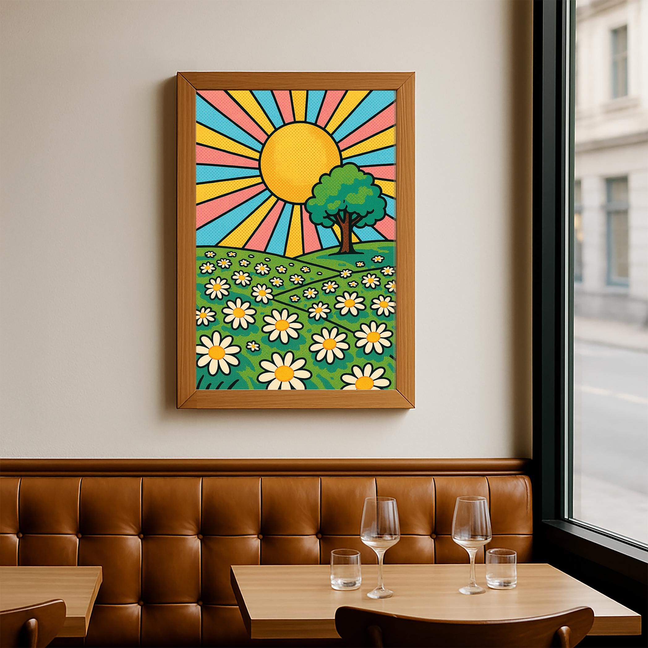 【超希少】Daisy Lights 版画 Greenwood1976 90/36 Retro Sunshine Daisy Field Wall Art – Groovy Pop Art Landscape