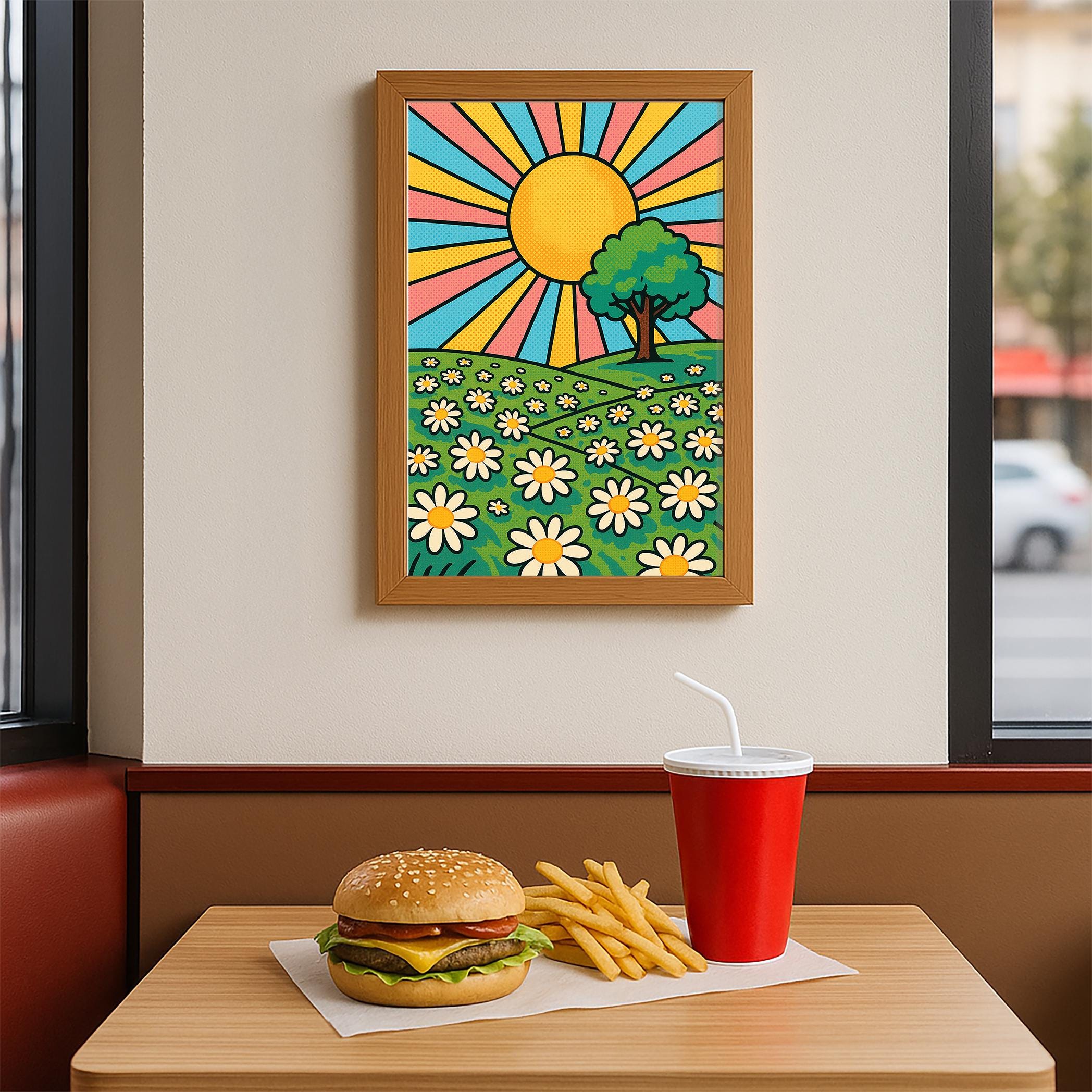 Retro Sunshine Daisy Field Wall Art – Groovy Pop Art Landscape