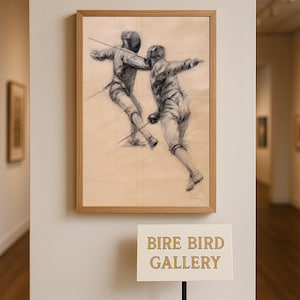 May include: A framed pencil sketch of two fencers in action, set against a light beige background. The artwork is displayed in a light wood frame. The sign below reads "BIRE BIRD GALLERY".
