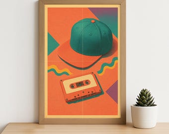 Retro 90s Cassette Tape and Cap Poster -  Vintage Hip-Hop Style Wall Art, Bold Pop Art Colors, Nostalgic Music Room Decor Print