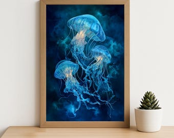 以下が含まれることがあります： 暗い青色の雲の背景に、3匹の光る青いクラゲが描かれた額入りのアートプリント。 クラゲは繊細で流れるような触手と、柔らかく光る内部を持っています。 アートワークは木製の表面に表示されています。