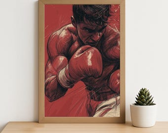 Lámina de boxeo: Póster con ilustración de un boxeador poderoso para gimnasio, motivación de luchador, dibujo con tinta roja (descarga digital)