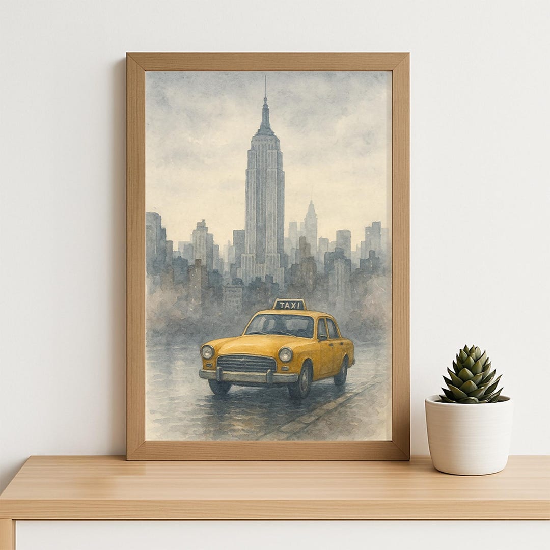New York City Taxi Watercolor Print | Empire State Building Urban ...
