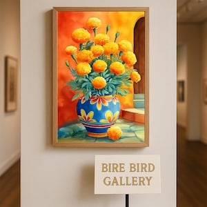Könnte beinhalten: Ein gerahmtes Aquarellgemälde eines lebendigen Bouquets aus orangefarbenen Ringelblumen in einer blauen Vase mit gelben Blumendesigns. Der Hintergrund zeigt eine rote und orangefarbene Wand mit einer Tür. Das Schild unten lautet "BIRE BIRD GALLERY."
