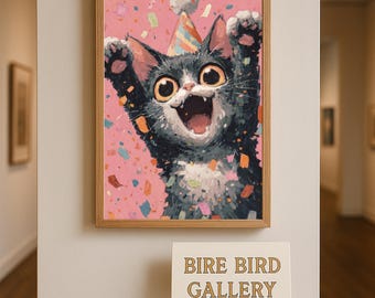 Party Cat Wall Art - Cute Celebration Kitten Illustration with Confetti and Birthday Hat on Pink Background, Fun Animal Print for Kids Room