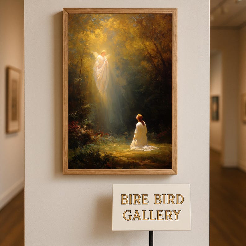 May include: A framed painting depicts a spiritual scene with an angel descending from a sunlit forest onto a person kneeling in prayer. The artwork is displayed in a gallery setting, with the text "BIRE BIRD GALLERY" on a sign below.