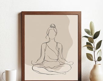 Minimalist Yoga Woman Line Art Print - Neutral Toned Meditation Wall Decor, Boho Mindfulness Illustration for Bedroom or Studio