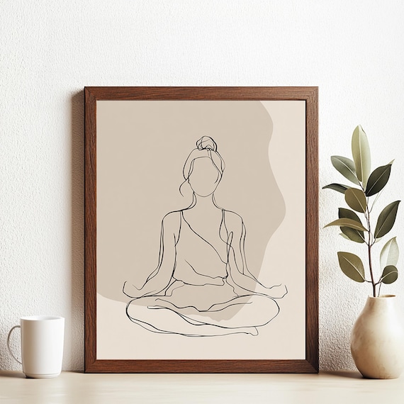 Minimalist Yoga Woman Line Art Print - Neutral Toned Meditation Wall Decor, Boho Mindfulness Illustration for Bedroom or Studio