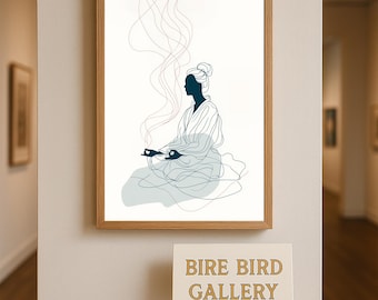 Minimalistische Line Art Meditation Frau - Zen Yoga Wandbild mit Energiefluss, ruhiges modernes Boho Dekor für Wellness Raum oder Studio