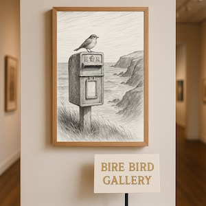 May include: A framed pencil sketch of a bird perched on a mailbox with the letters "E&R" above the mail slot. The background shows a coastal scene with cliffs and ocean. The sign below reads "BIRE BIRD GALLERY."