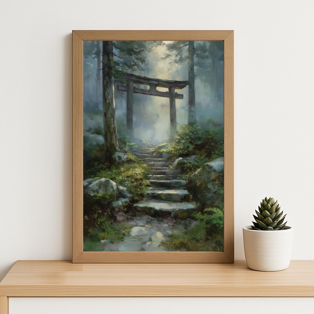 Japanese Torii Gate Forest Oil Painting Print: Spiritual Path Wall Art ...