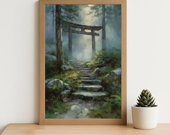 Japanese Torii Gate Forest Oil Painting Print: Spiritual Path Wall Art, Misty Nature Landscape Decor (Digital Download)