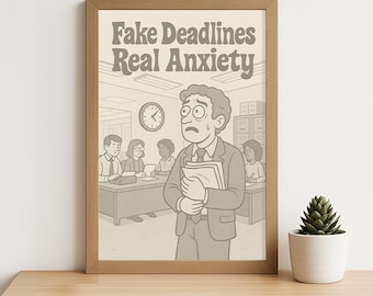May include: A framed print with the text "Fake Deadlines Real Anxiety" above a cartoon illustration of a stressed man in a suit holding papers. The background shows an office setting with other people.