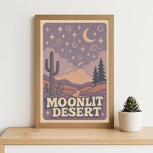 Mondschein Wüste Poster | Retro Groovy Nacht Landschaft Wand Kunst | 70er Jahre Boho Wüsten Print