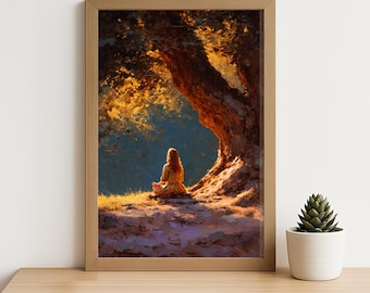 Golden Tree Meditation Art – Peaceful Nature Oil Painting Printable for Calm Living Room, Mindfulness & Boho Spiritual Wall Decor