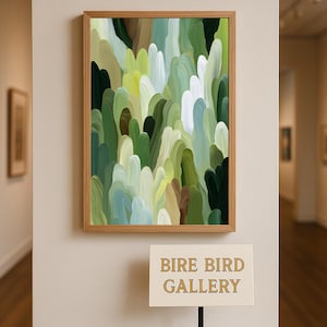 May include: Abstract painting in a wooden frame. The artwork features a textured, layered design in shades of green, white, and brown. The painting is displayed on a wall in a gallery setting. A sign below reads "BIRE BIRD GALLERY."