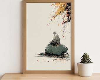 Zen Monk Autumn Watercolor Print – Peaceful Meditation Wall Art for Mindfulness Decor, Yoga Studio, Spiritual Gift or Asian Inspired Space