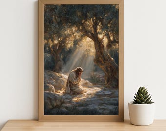 Jesus Praying at Gethsemane Olive Trees – Inspiring Christian Wall Art Print for Prayer, Faith, and Spiritual Reflection