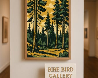 Lámina con ilustración vintage de bosque: arte retro de paisaje con pinos, póster de naturaleza salvaje, decoración para cabañas de aventura al aire libre.