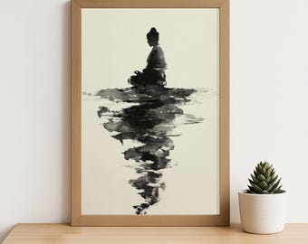 Ink Meditation Art Print – Zen Brushstroke Silhouette Wall Art for Yoga Room, Minimalist Reflection Poster, Black & White Digital Download
