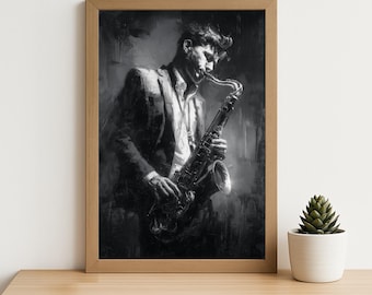 Jazz Saxophone Wall Art: Moody Black and White Music Painting, Jazz Musician Portrait Print (Digital Download)