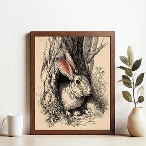 Vintage Rabbit in Tree Hollow Illustration-Antique Style Woodland Animal Print, Detailed Bunny Drawing Wall Art for Cottagecore Decor