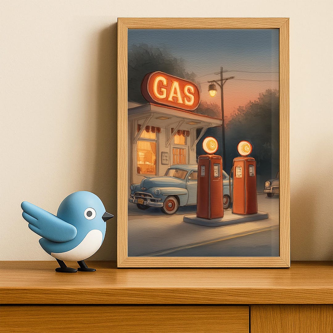 Vintage Gas Station Wall Art - Retro Car and Pump Illustration at Dusk ...