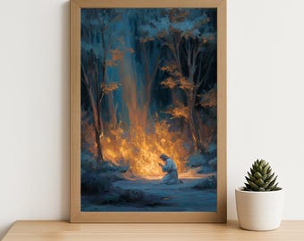 Moses at the Burning Bush Biblical Oil Painting – Inspiring Christian Wall Art for Faith, Prayer, and Spiritual Reflection