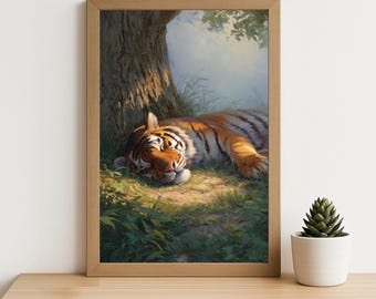 Sleeping Tiger Oil Painting Print: Peaceful Wildlife Wall Art, Tranquil Jungle Animal Decor, Realistic Nature Artwork (Digital Download)